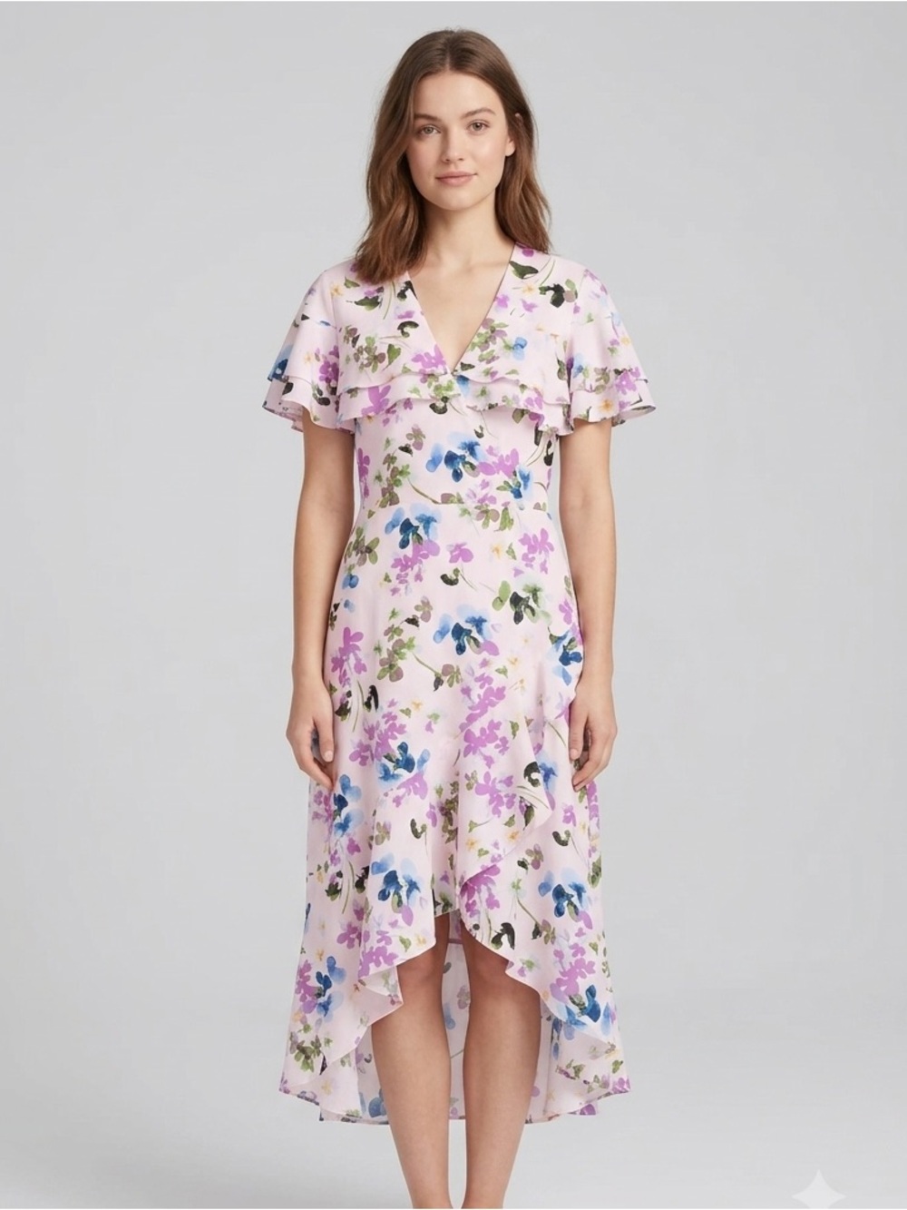 Maggy London piece is the Flutter Sleeve Floral Print Faux Wrap Midi Dress